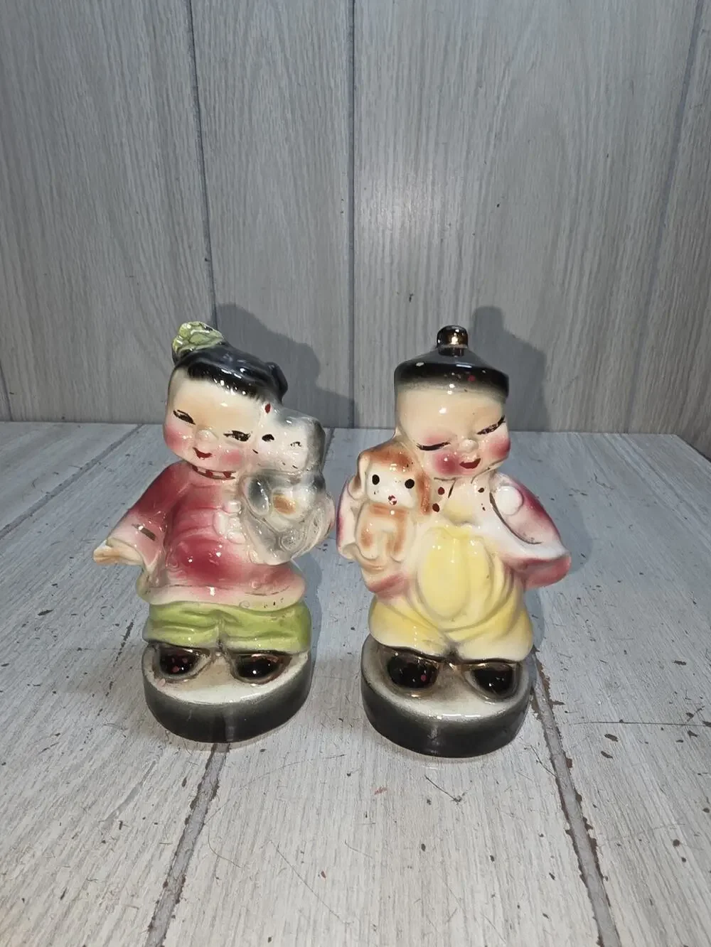 Vtg Figurines Asian Ching Lin Boy Girl Cat Dog Japan READ